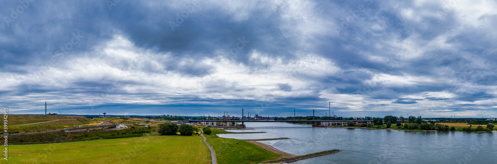 Panoramic view of the Rhine and the A1 motorway bridge near Leverkusen, Germany. Drone photography.