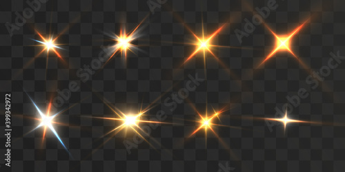 Set of bright beautiful stars on a transparent background vector illustration.	