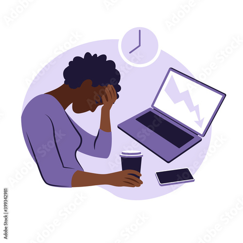 Professional burnout syndrome. Illustration tired african female office worker sitting at the table. Frustrated worker, mental health problems. Vector illustration in flat style.