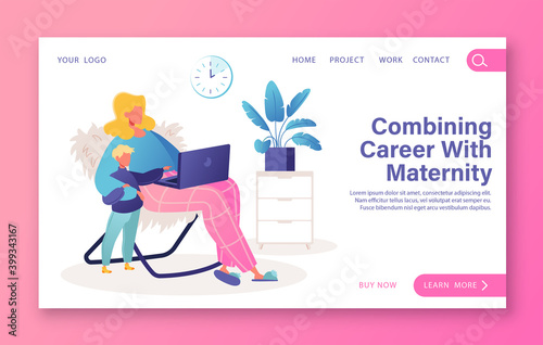 Maternity and career combination concept for landing page template. Cute vector illustration in flat cartoon style for web page, website design. Character mom works on laptop and gives time to child