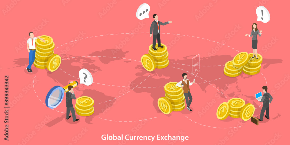 Obraz premium 3D Isometric Flat Vector Conceptual Illustration of Global Currency Exchange, Online Banking, Money Transfer.