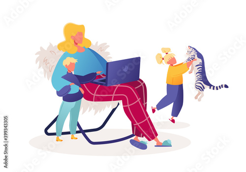 Female freelance worker with children at workplace. Maternity and career concept. Cartoon flat woman working on laptop, sitting in comfortable chair, hugging her son, her daughter playing with cat.