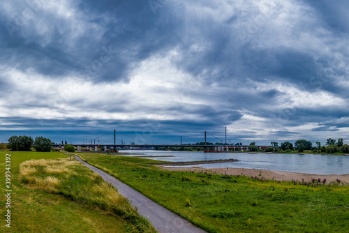 Panoramic view of the Rhine and the A1 motorway bridge near Leverkusen  Germany. Drone photography.