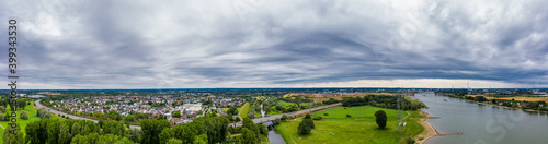 Panoramic view of the Rhine and the A1 motorway bridge near Leverkusen  Germany. Drone photography.