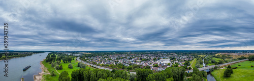 Panoramic view of the Rhine  near Leverkusen, Germany. Drone photography.