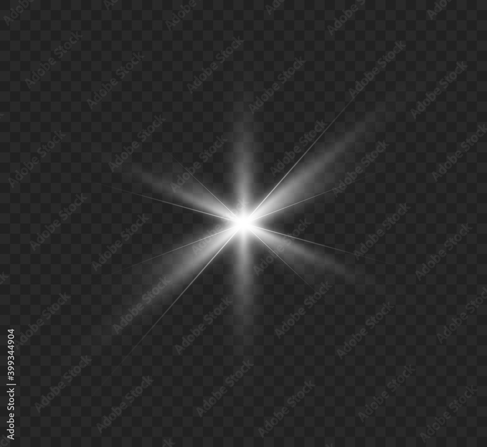 White glowing light explodes on a transparent background. Bright Star. Transparent shining sun, bright flash. Vector graphics. White glowing light explodes on a transparent background. Bright Star. Transparent shining sun, bright flash. Vector graphics.