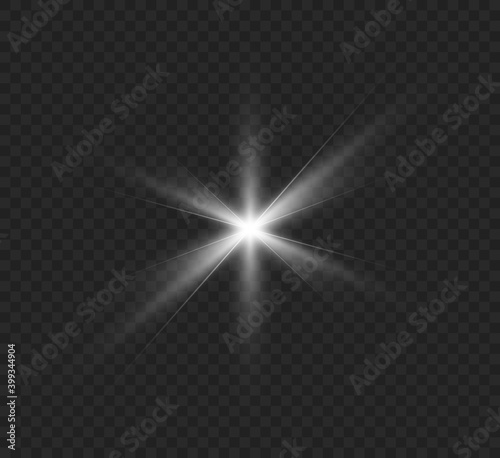 White glowing light explodes on a transparent background. Bright Star. Transparent shining sun, bright flash. Vector graphics.	