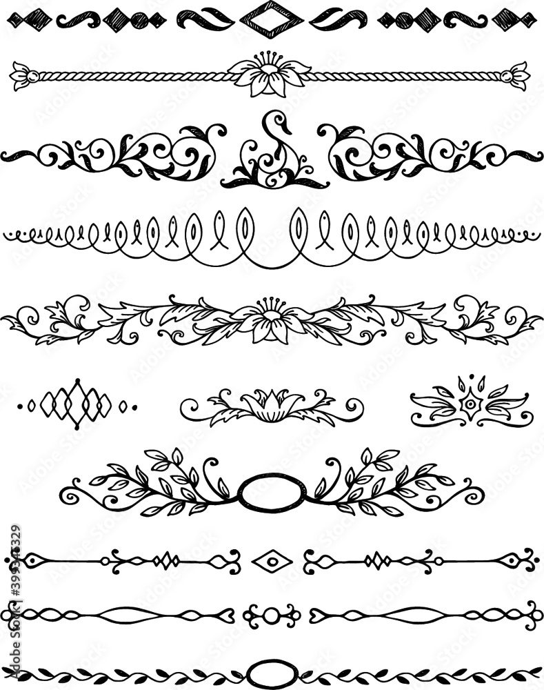 Elements for menu design. Vector vintage elements for page design. Hand drawing in the style of engraving. Symmetrical ornaments. You can decorate invitations, cards, greetings.