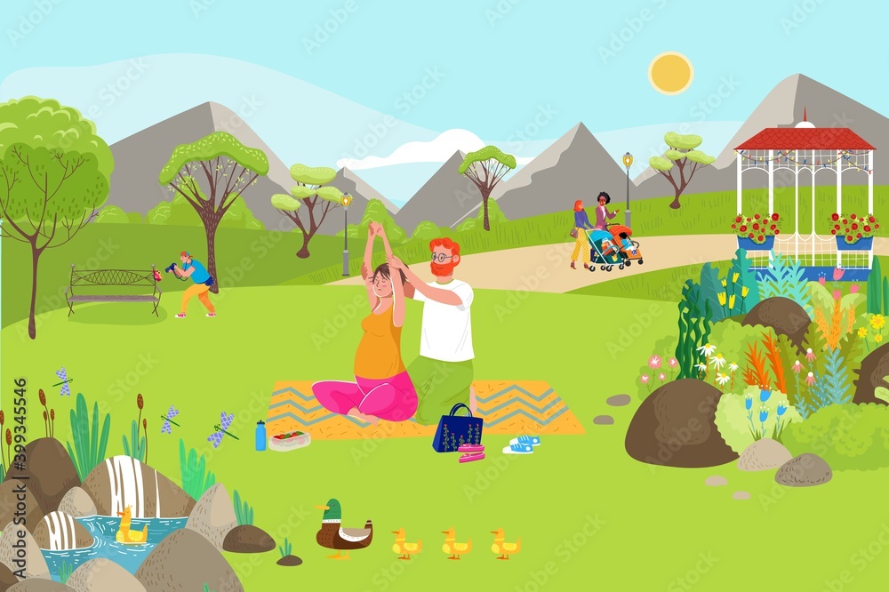 Fototapeta premium Woman yoga activity with family, vector illustration. Pregnant female character with man at cartoon park, flat people sport lifestyle. Relax for healthy adult couple outdoor, mother recreation.