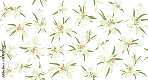 Lilies. Floral seamless pattern. White lilies with green foliage. Symbol of Easter, spring and love. Background template for holiday decoration, congratulations, greeting card and invitation. Vector 