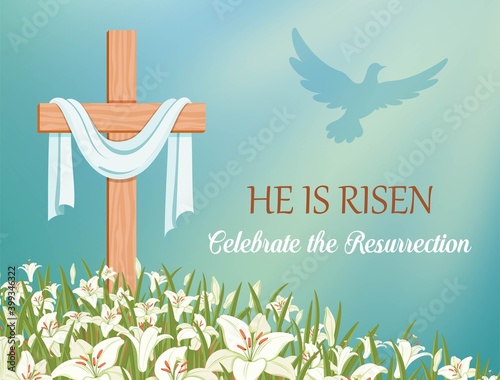 He is risen, celebrate the resurrection. Cross with shroud and lilies against the blue sky. The dove flies in the rays of light. Religious symbols of Good Friday and Easter. Vector illustration