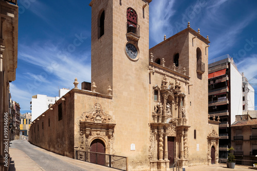 Horizontal view of Basilica of Santa Maria in Alicante, Spain on a clear sunny day. It is the oldest active church in the location, built-in Valencian Gothic style between the 14th and 16th centuries