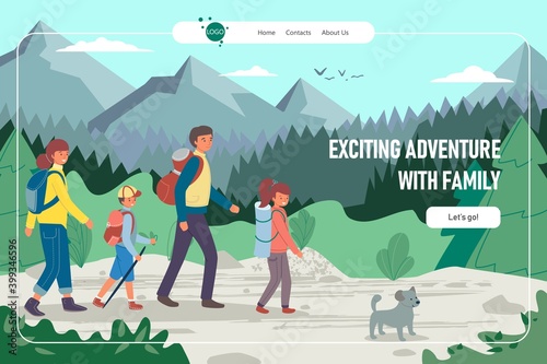 Exciting adventure family hiking landing vector illustration. Happy people at vacation travel, summer nature with backpacks. Mother, father, child in outdoor journey, sky mountain landscape.