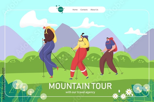 Mountain summer tour, family hiking landing vector illustration. Active tourism travel in nature. Happy trekking with backpack, lifestyle adventure. Young people together at vacation.