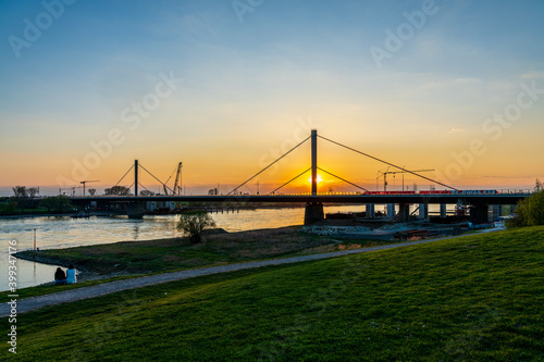Panoramic view of the Rhine and the A1 motorway bridge near Leverkusen, Germany.