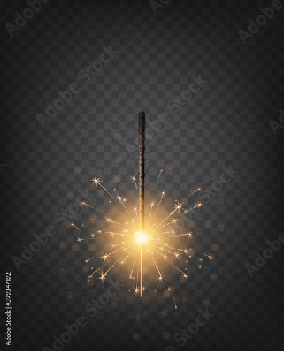 Christmas New Year bengal light. Realistic golden sparkler light isolated on transparent background. Festive bright firework. Fun decorations for celebrations and holidays, Vector illustration.