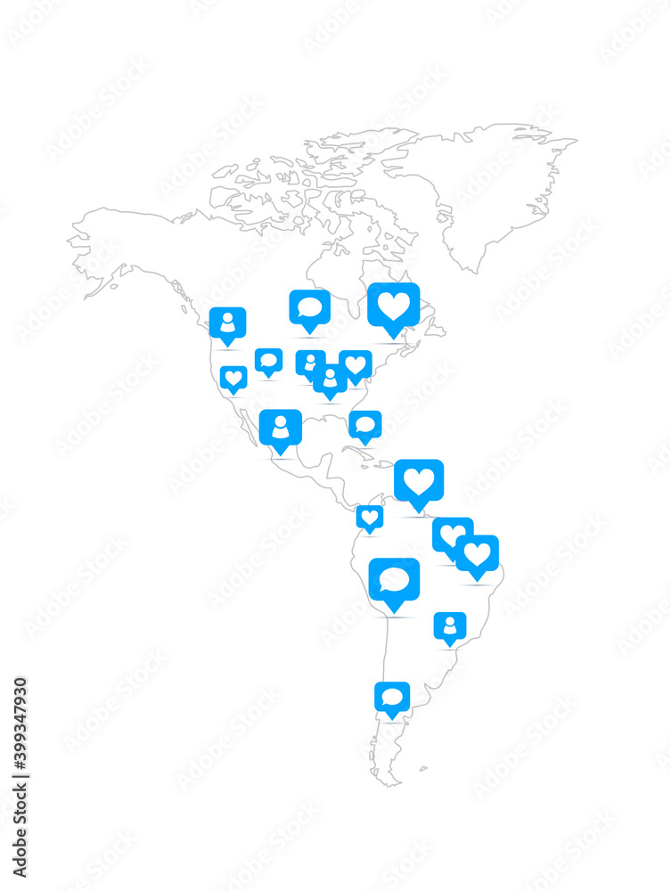America map with social likes and comments blue icons on white background America map with social likes and comments blue icons on white background