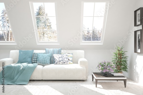 Mock up of white living room with sofa and winter landscape in window. Scandinavian interior design. 3D illustration