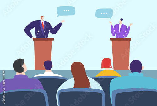 Political debate speakers on podium, candidates competition vector illustration. Leaders for tribune stage discuss arguments, argue in front audience. Public event before elections concept.
