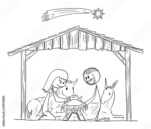 Vector cartoon stick figure illustration of nativity scene of infant Jesus, Mary and Joseph in Bethlehem.