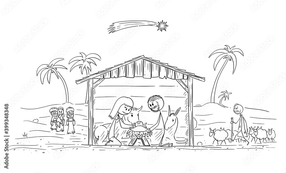 Vector cartoon stick figure illustration of nativity scene of infant Jesus, Mary and Joseph in