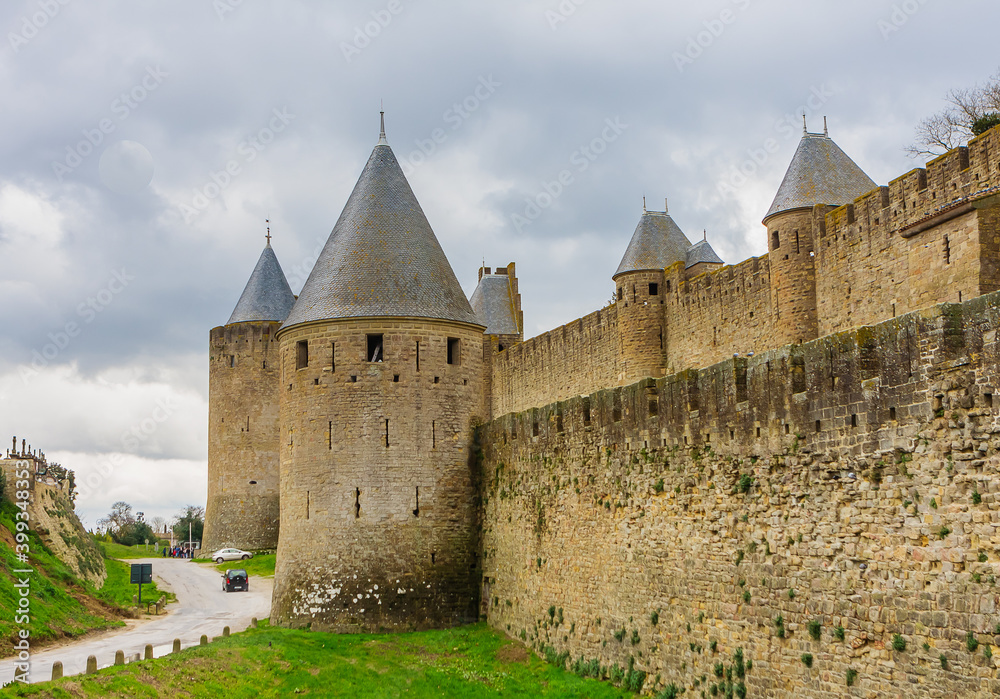 Outer wall and towers of Carcassonne fortification. France.