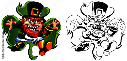 Symbol of St. Patrick's Day, a gnome character with a green hat, a red beard, a pipe and a cheerful face. Suitable for posters, party invitations, web banners and greeting cards.