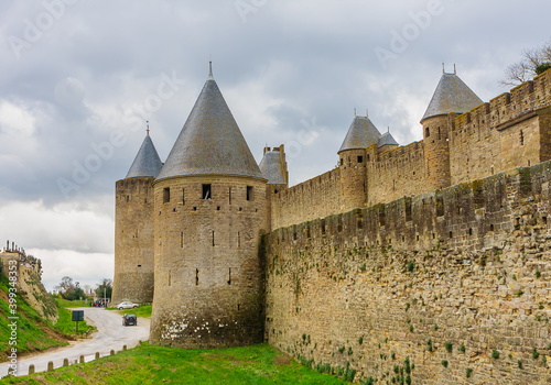 Outer wall and towers of Carcassonne fortification. France.