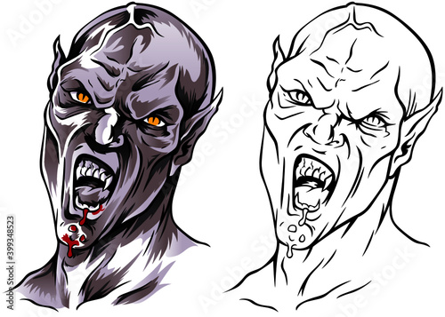 Evil vampire. Count Vlad Dracula. Hand drawn head of vampire character with open mouth. Vampire concept in tatto style. Vector illustration