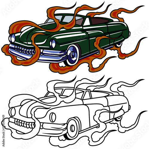 Vintage green car with flames - a classic garage. Tatto style design.