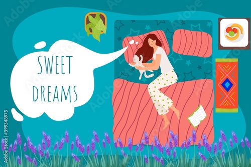 Sweet dreams, sleeping girl in bed vector illustration. Cute happy female in bedroom relaxing at night. Healthy lifestyle, peaceful rest on comfortable pillow. Attractive woman portrait bedtime.