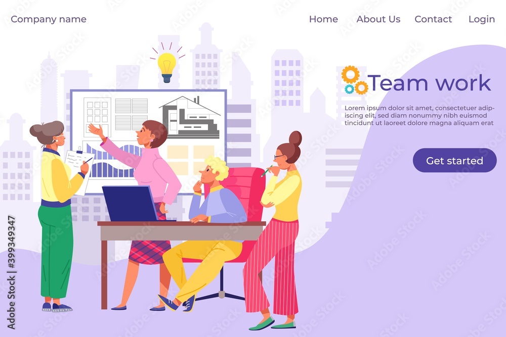 Team work people, professional working architects landing vector illustration. Cartoon characters job over building construction project. Occupation presentation engineer architecture plan.