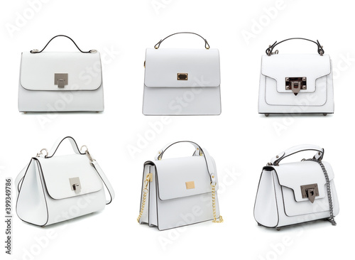 set of white leather women's handbags isolated on white background (ID: 399349786)