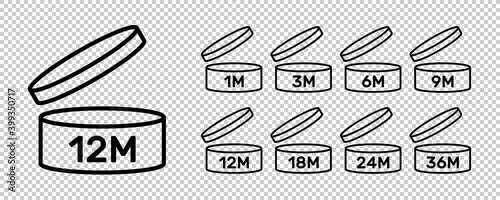 Period after open icons isolated on transparent background. PAO symbols. Round box with cap opened. Expiration period in months signs for cosmetic packaging. Vector illustration