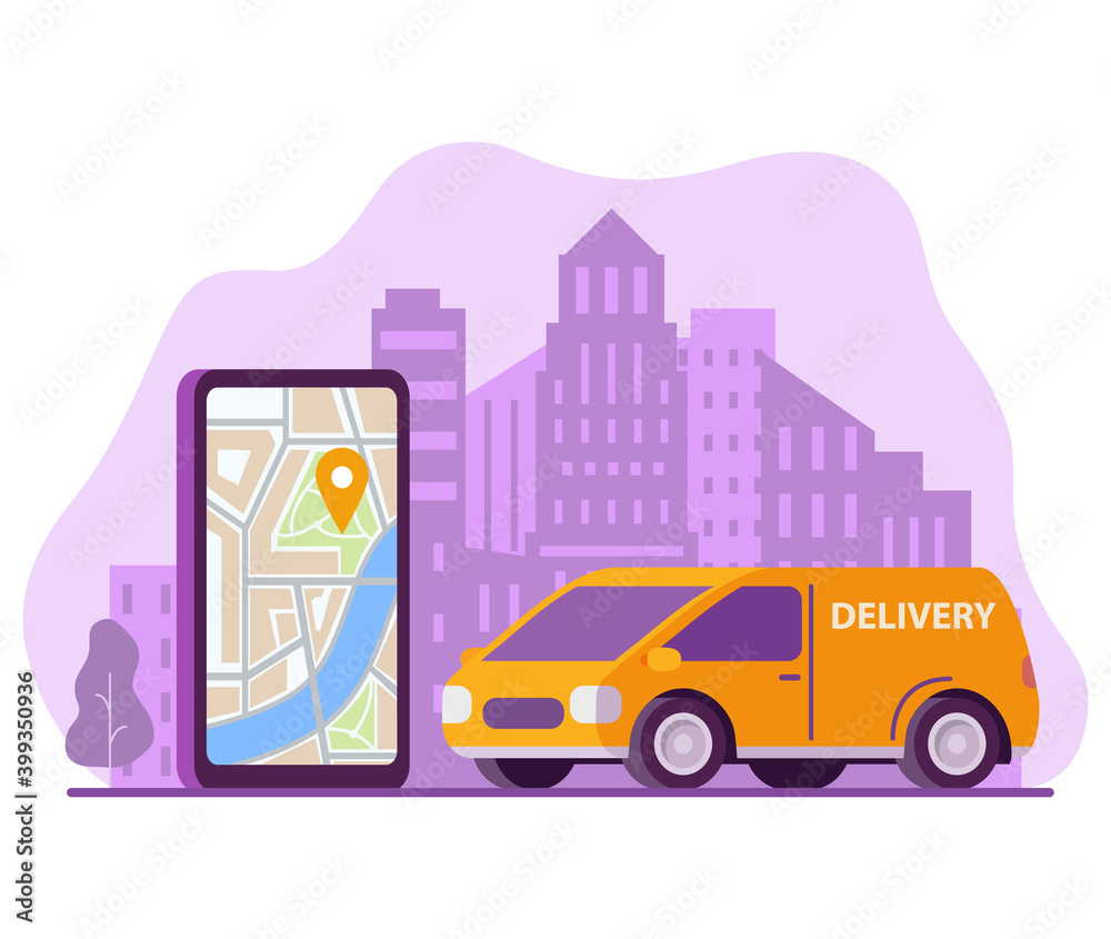 Online  delivery service.Online order tracking with map.Delivery service app on smartphone. City skyline cargo van.Freight car.Vector flat illustration.