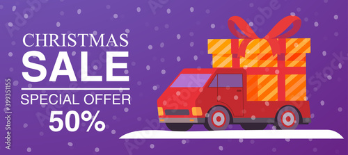 Christmas sale delivery truck with gift box with red ribbon .Horizontal christmas posters.Discount  banner concept.Winter holiday gifts.Vector realistic illustration.