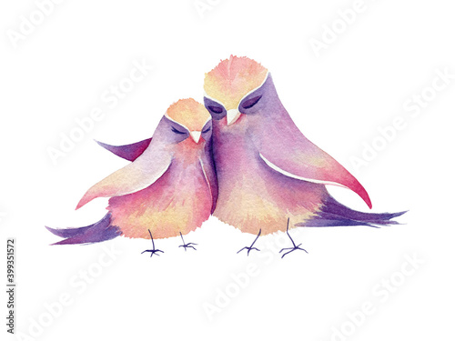 Lovely watercolor birds on white background isolated. Watercolor illusration of white-browed tit-warblers. Violet, yellow, pink sweet colors. Cute pouple hugging. Happy Valentine`s day! photo