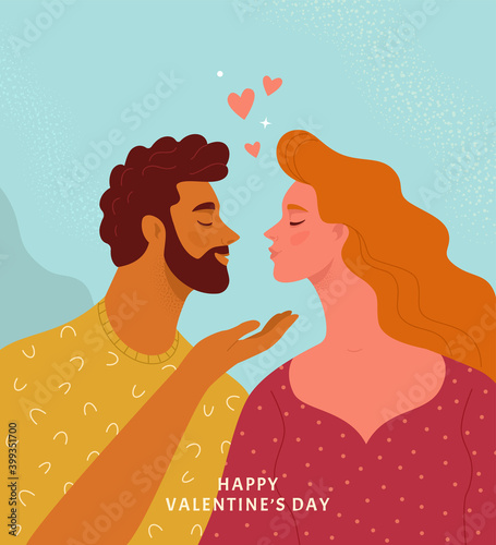 Happy Valentine's Day greeting card. Vector illustration of man in yellow t-shirt and woman in red dress facing each other. Isolated on light blue background