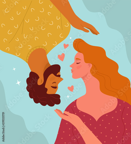 Couple in love concept. Vector illustration of man in yellow t-shirt and woman in red dress facing each other. Isolated on light blue background