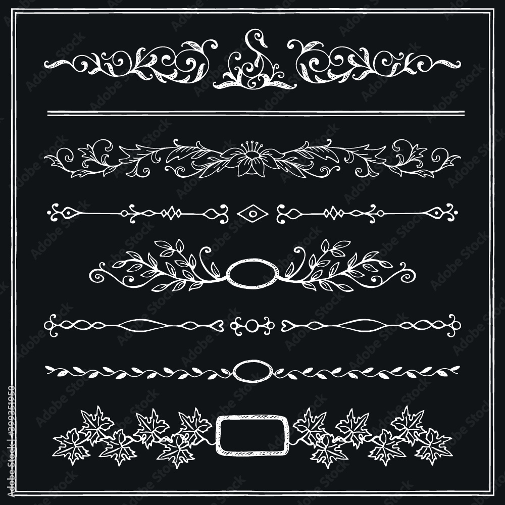 Set of decorative calligraphic elements for decoration of menu pages. Symmetrical ornamental objects for design wedding invitations, posters, billboards. Hand-drawing.