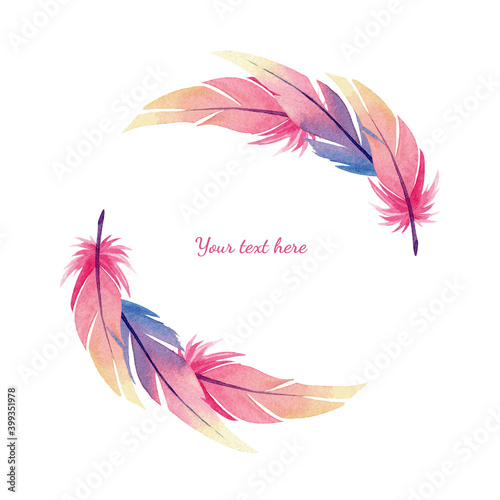Nice watercolor ftrame of colorful feathers on white background isolated. Cute round frame for your design. Hand drawn yellow, pink, purple, violet feathers.