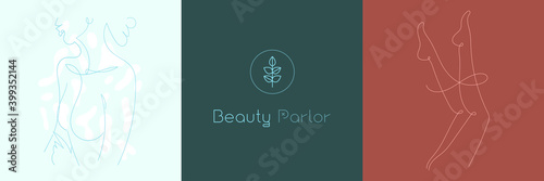Natural Beauty parlor in trendy soft hue. Vector logo design template minimal linear style. Woman body silhouette in line art style for beauty parlour, cosmetic label, packaging of nature products.