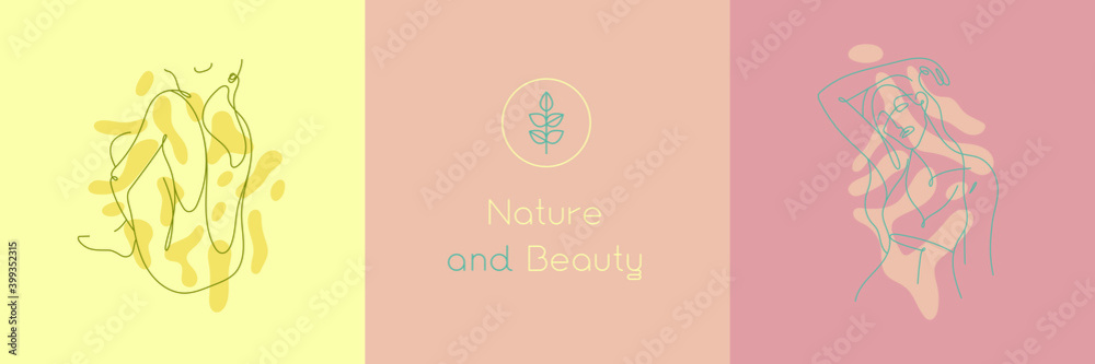 Natural Beauty parlor in trendy soft hue. Vector logo design template minimal linear style. Woman body silhouette in line art style for beauty parlour, cosmetic label, packaging of nature products. Natural Beauty parlor in trendy soft hue. Vector logo design template minimal linear style. Woman body silhouette in line art style for beauty parlour, cosmetic label, packaging of nature products.
