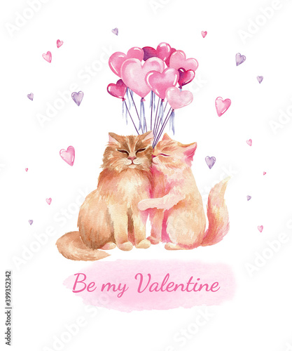 Hand drawn watercolor cute card with cats, hearts and baloons on white background. Lovely sweet card. Two kittens are kissing. Happy Valentine`s day!