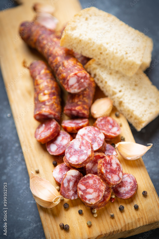 Slices of cured meat sausage