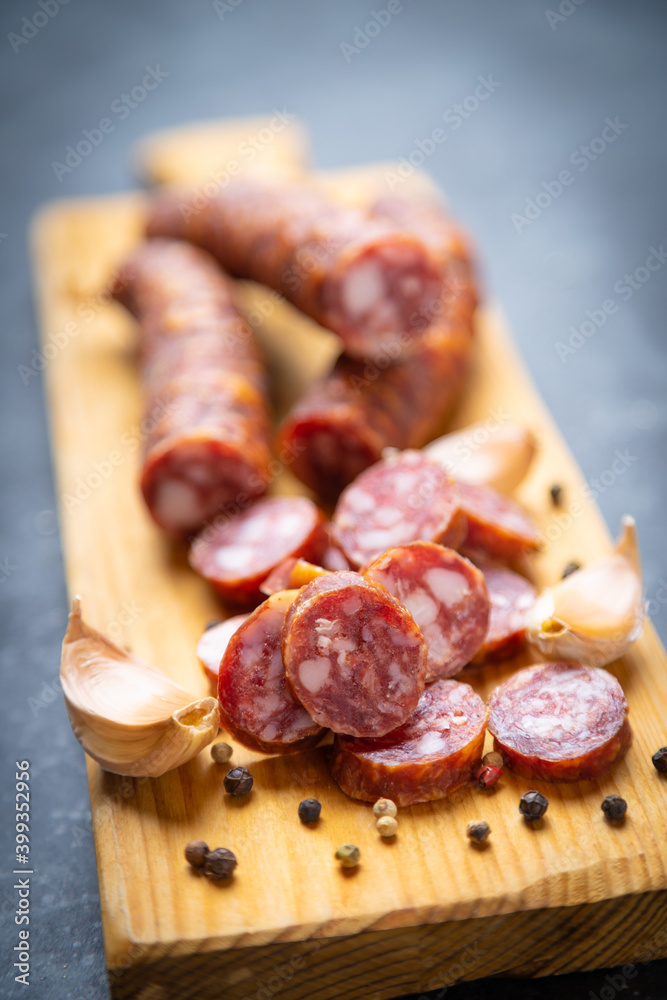 Slices of cured meat sausage