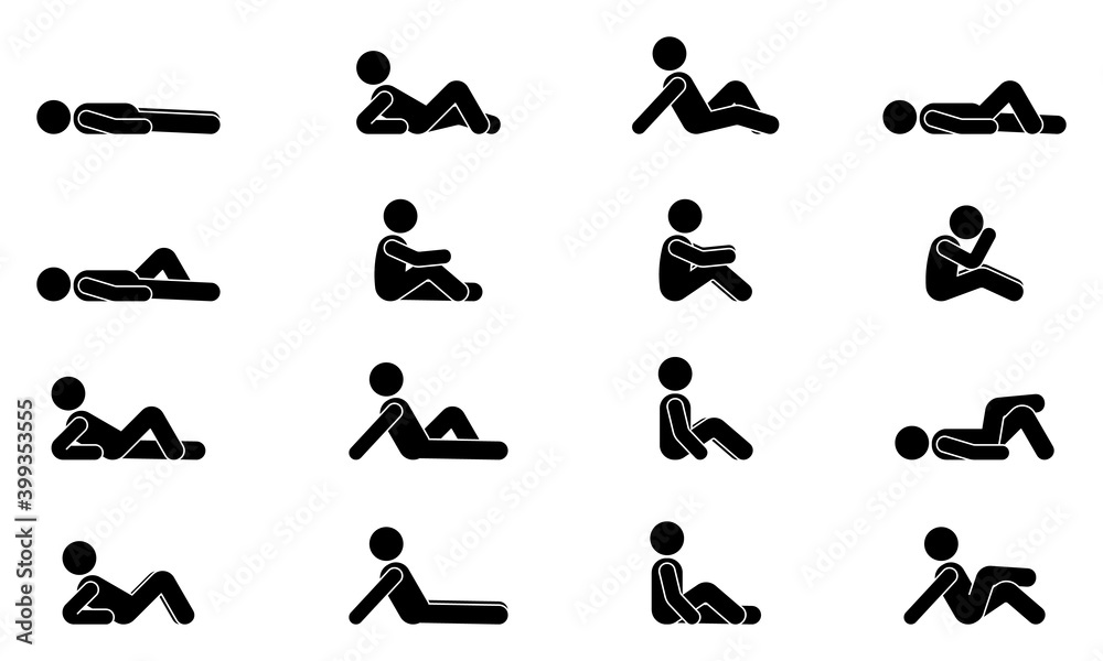 Stick figure male lie down various positions vector illustration icon set. Man person sleeping, laying, sitting on floor, ground side view silhouette pictogram on white