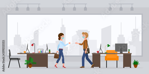Coronavirus prevention cartoon character man and woman bumping fists, saying hello in modern office room vector set. Safe handshake, keep distance, wear mask at workplace on cityscape background