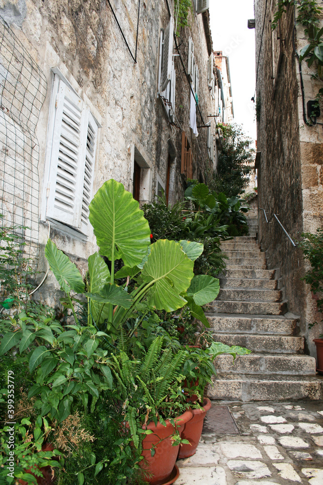 Narrow alley up the stairs between houses on an island in Croatia.