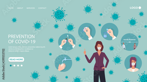 Prevention of covid-19. Information about protection and prevention measures in the case of coronavirus and flu epidemics.Flat vector illustration.The template of the landing page.